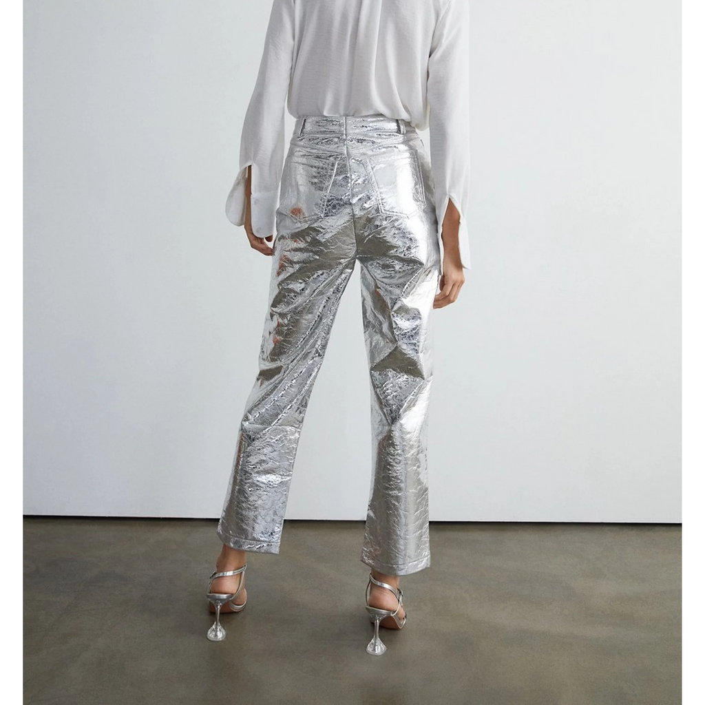 Women's Pink Crackle Metallic Foil Straight Leg Western Leather Pants