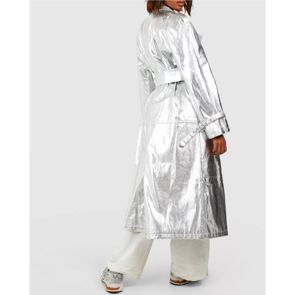 Women's Silver Metallic Foil Effect Double Breasted Real Leather Trench Coat