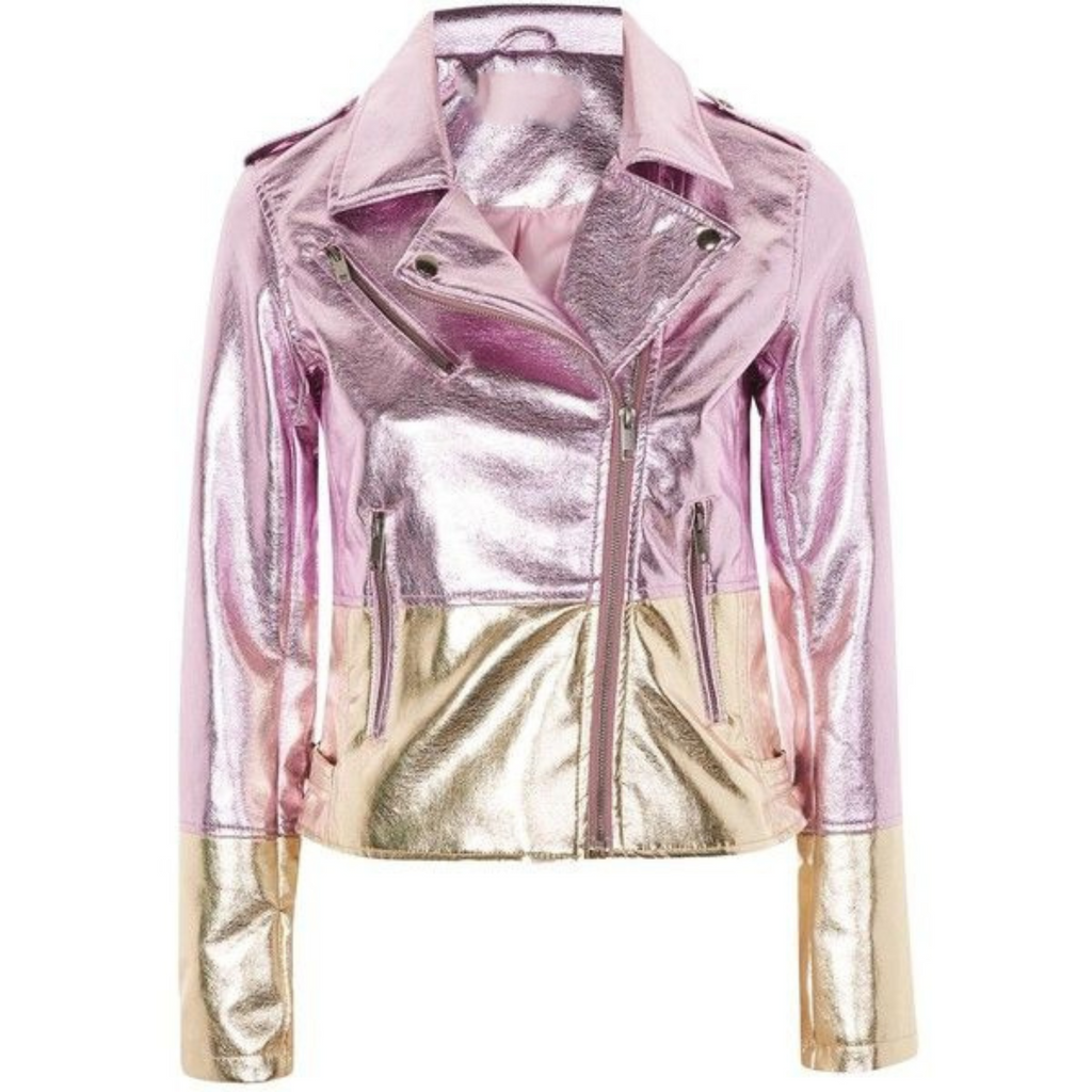 Women's Purple - Gold Two Tone Effect Metallic Foil Motorcycle Biker Leather Jacket