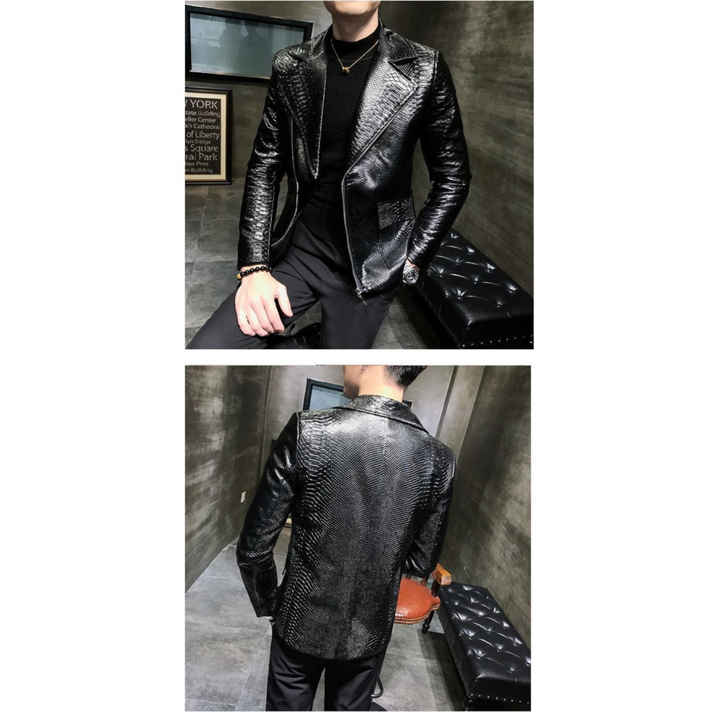 Men's Black Python Embossed Effect Motorcycle Biker Real Leather Jacket