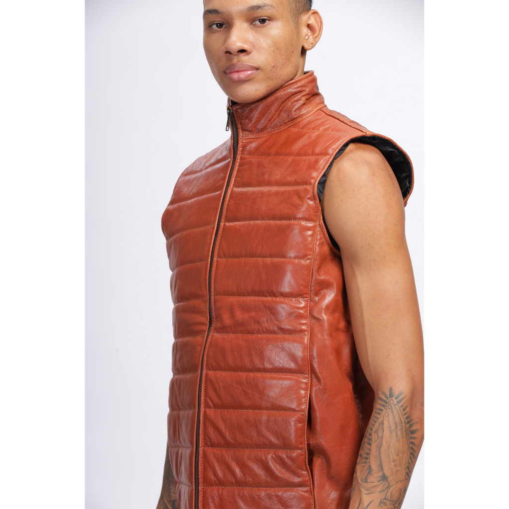 Mens Vintage Crunch Tan Puffer Style Crackle Leather Down Vest Jacket