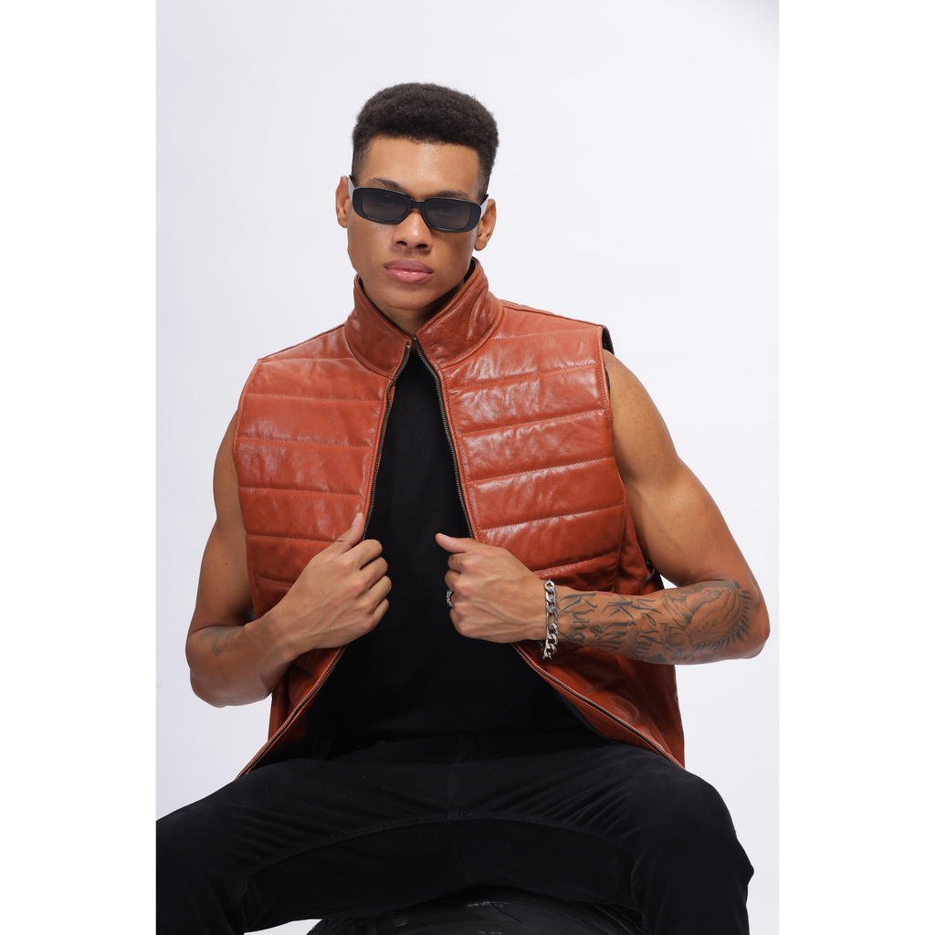 Mens Vintage Crunch Tan Puffer Style Crackle Leather Down Vest Jacket