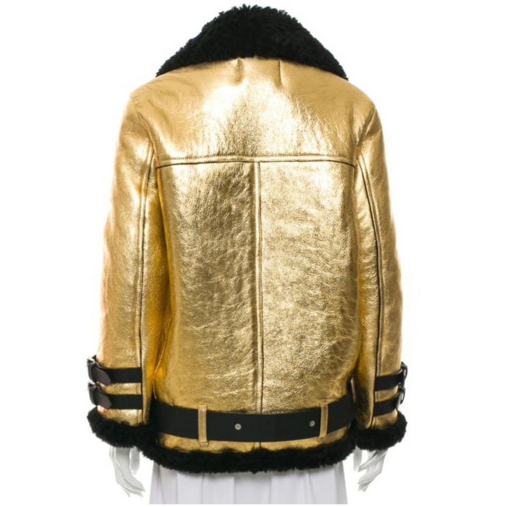 Women's Gold Metallic Foil Black Real Lambskin Furr Belted Shearling Coat