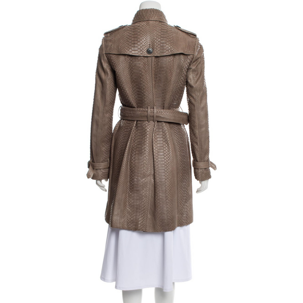 Women's Taupe Python Embossed Effect Double Breasted Real Leather Trench Coat