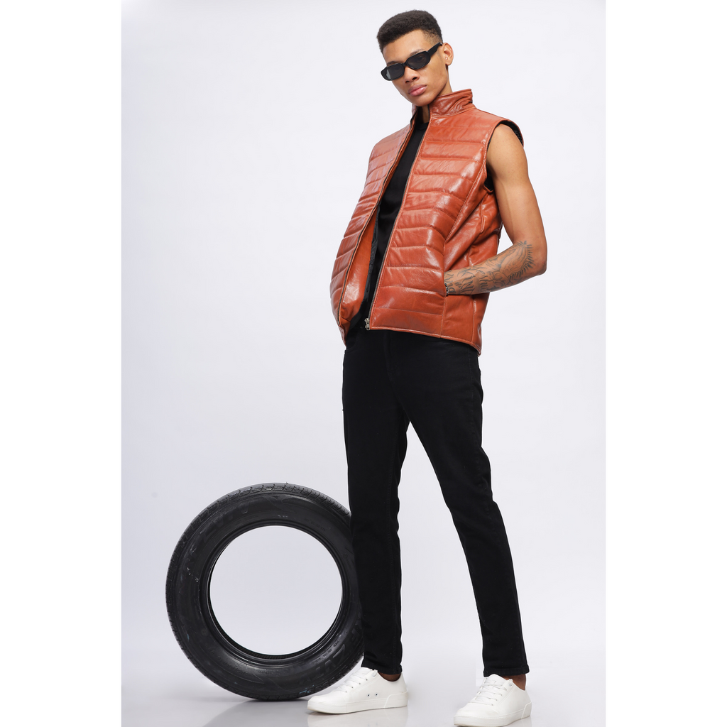 Mens Vintage Crunch Tan Puffer Style Crackle Leather Down Vest Jacket