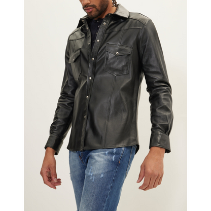 Mens Black Denim Leather Shirt