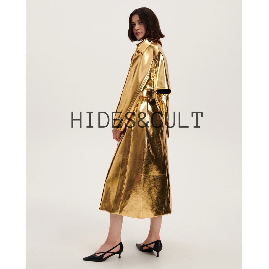 Women's Shiny Yellow Gold Metallic Foil Effect Double Breasted Leather Trench Coat