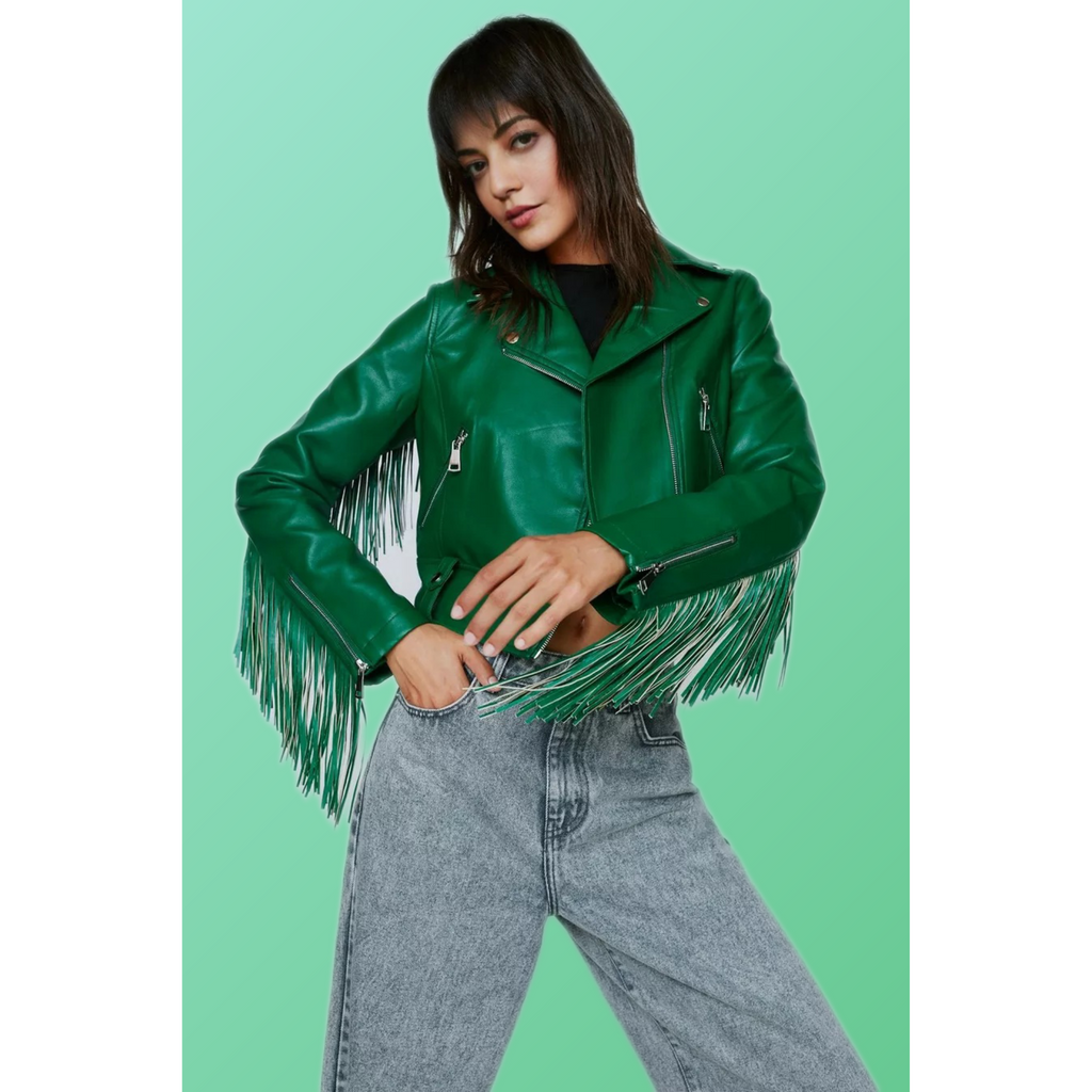 Women's Green Fringed Real Leather Jacket | Hides&Cult