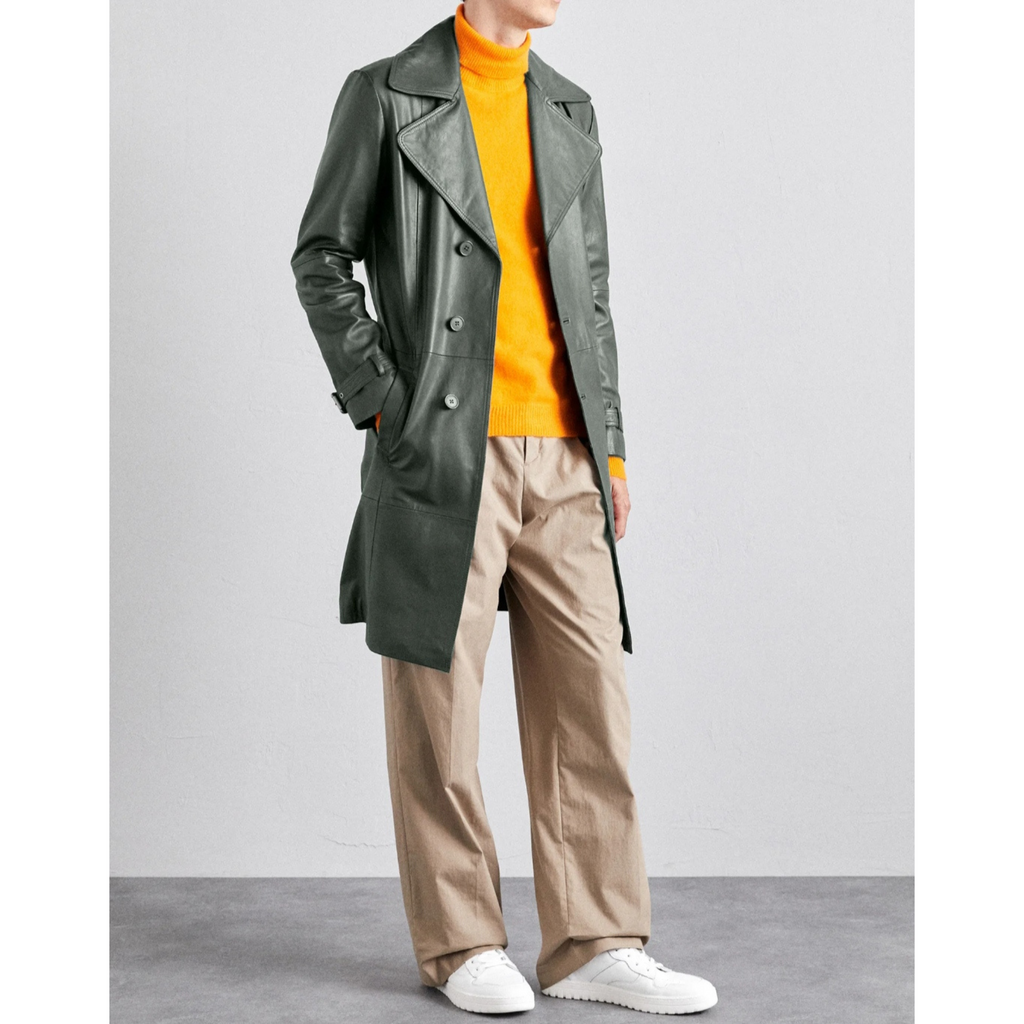 Mens Green Belted Genuine Leather Trench Coat Car Coat  also available in Burgundy Black