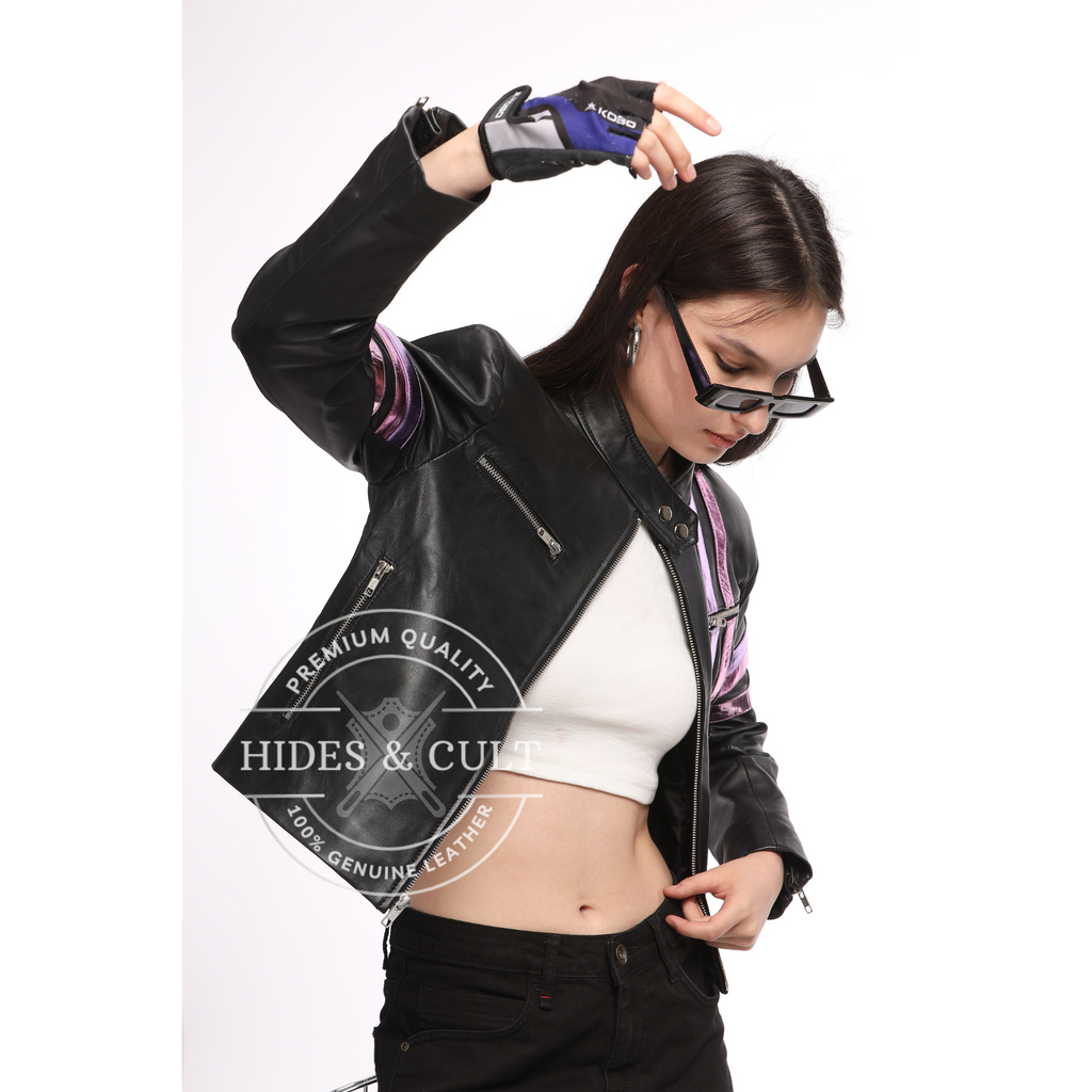 Womens Black Racer Leather Jacket with Metallic Foil Stripes