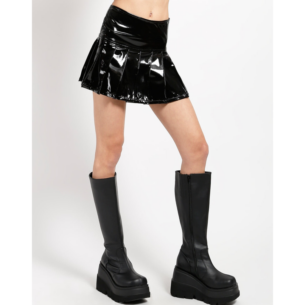 Women's Black Patent Effect Pleated Mini Genuine Leather Skirt