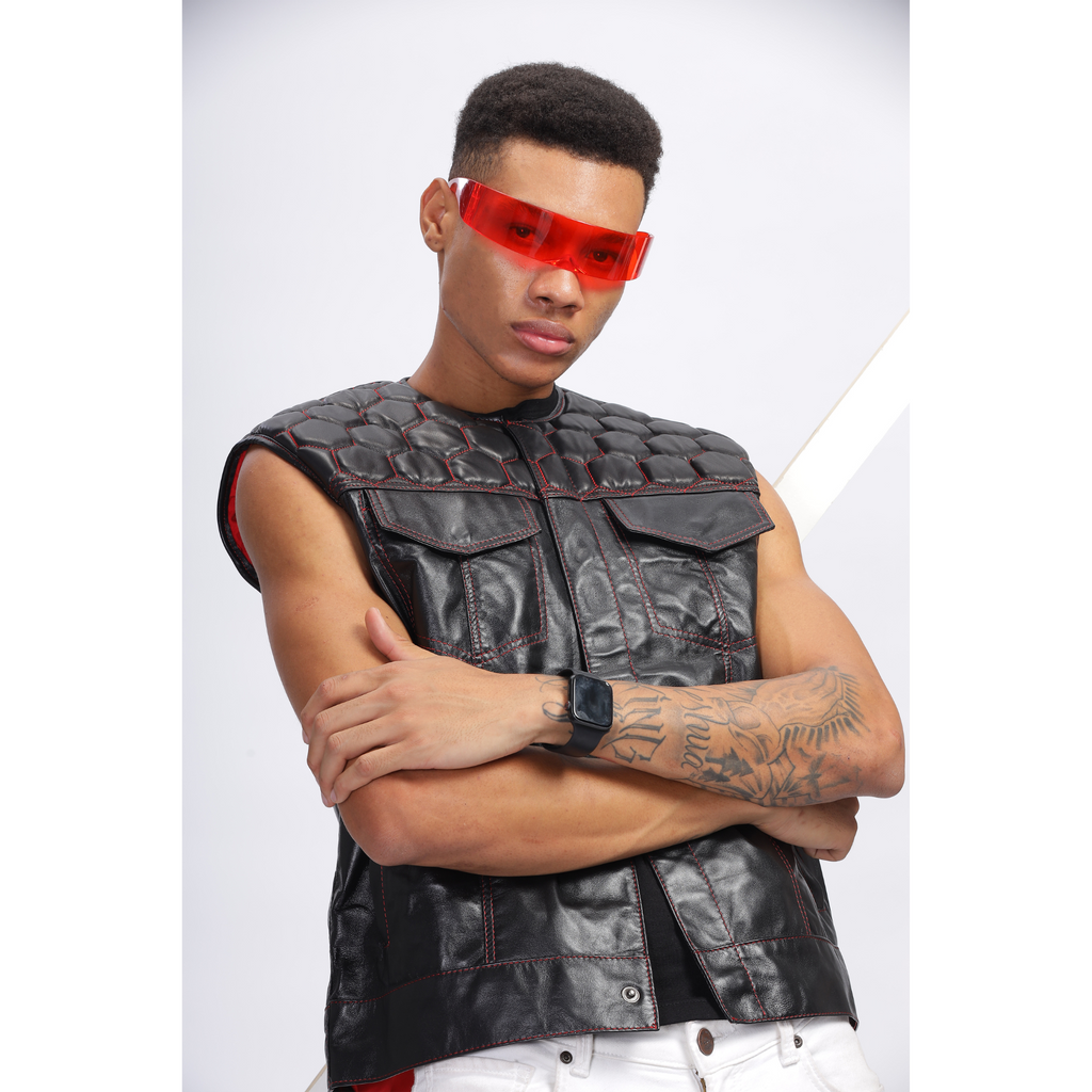 Mens Black Honeycomb Quilted Leather Vest Coat