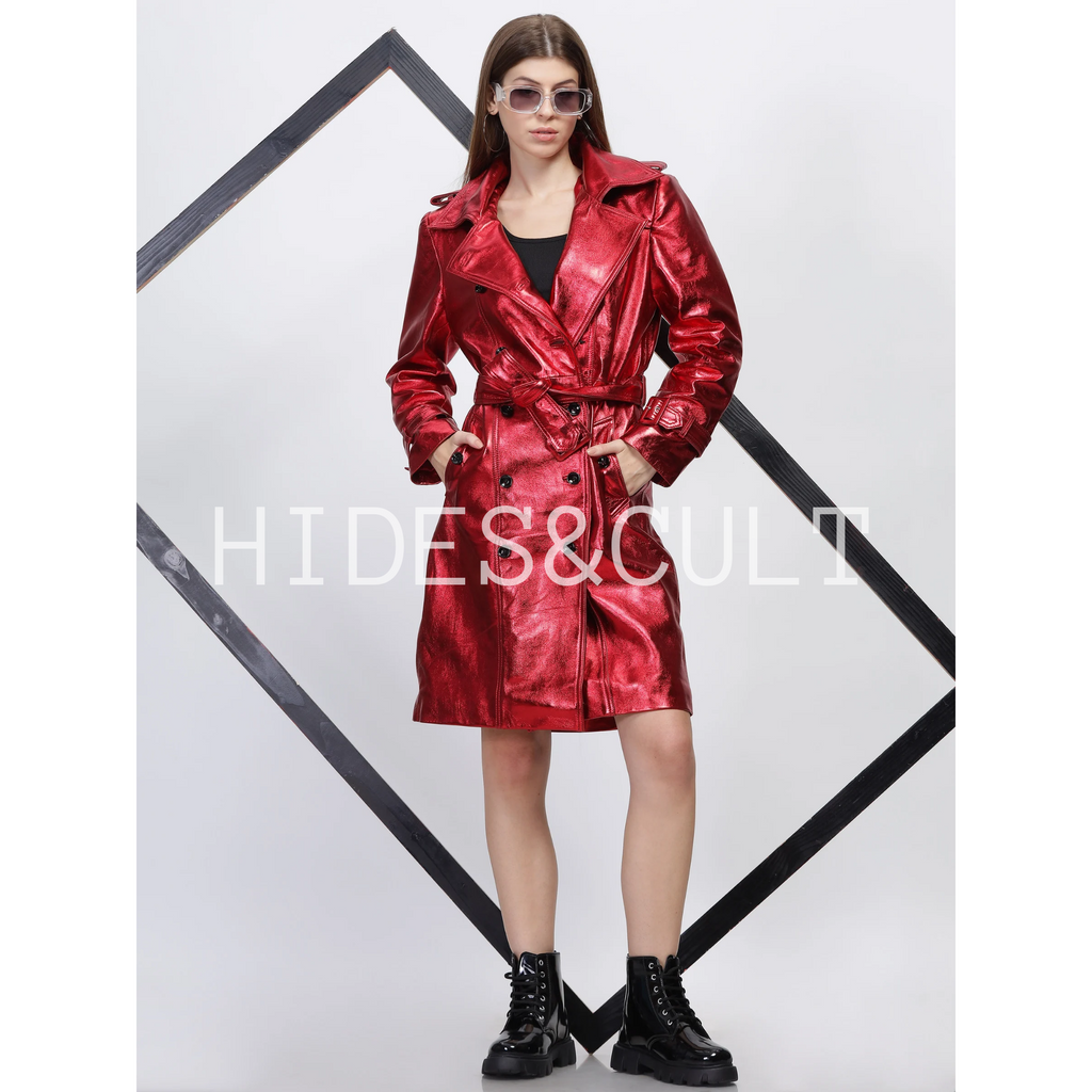 Womens Cherry Red Metallic Foil Effect Double Breasted Belted Leather Trench Coat