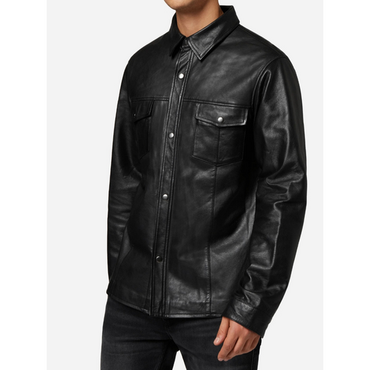 Mens Black Nappa Leather Denim Shirt