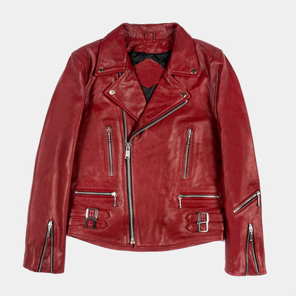 Mens Blood Red Slim Fit Motorcycle Biker Leather Jacket