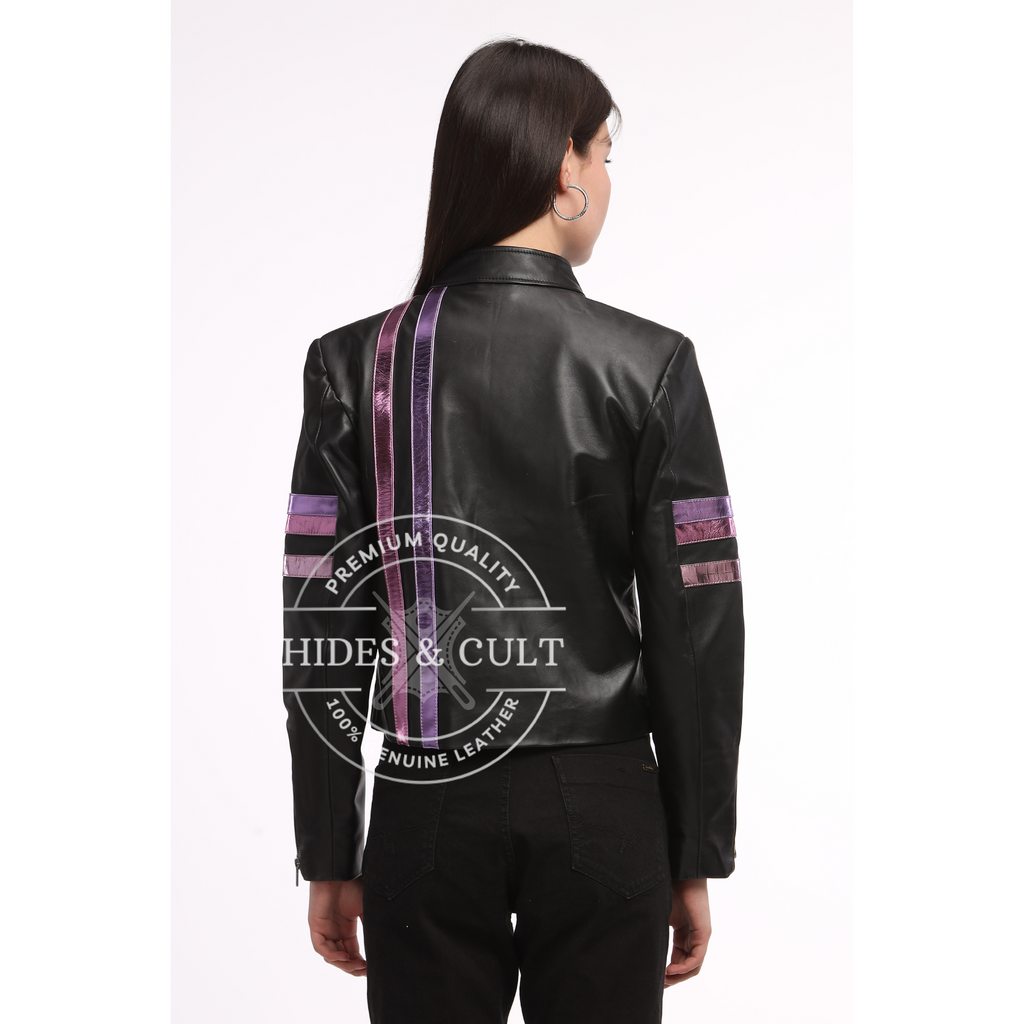 Womens Black Racer Leather Jacket with Metallic Foil Stripes