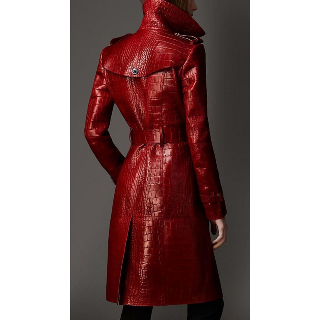 Women's Red Croc Embossed Effect Double Breasted Leather Trench Coat