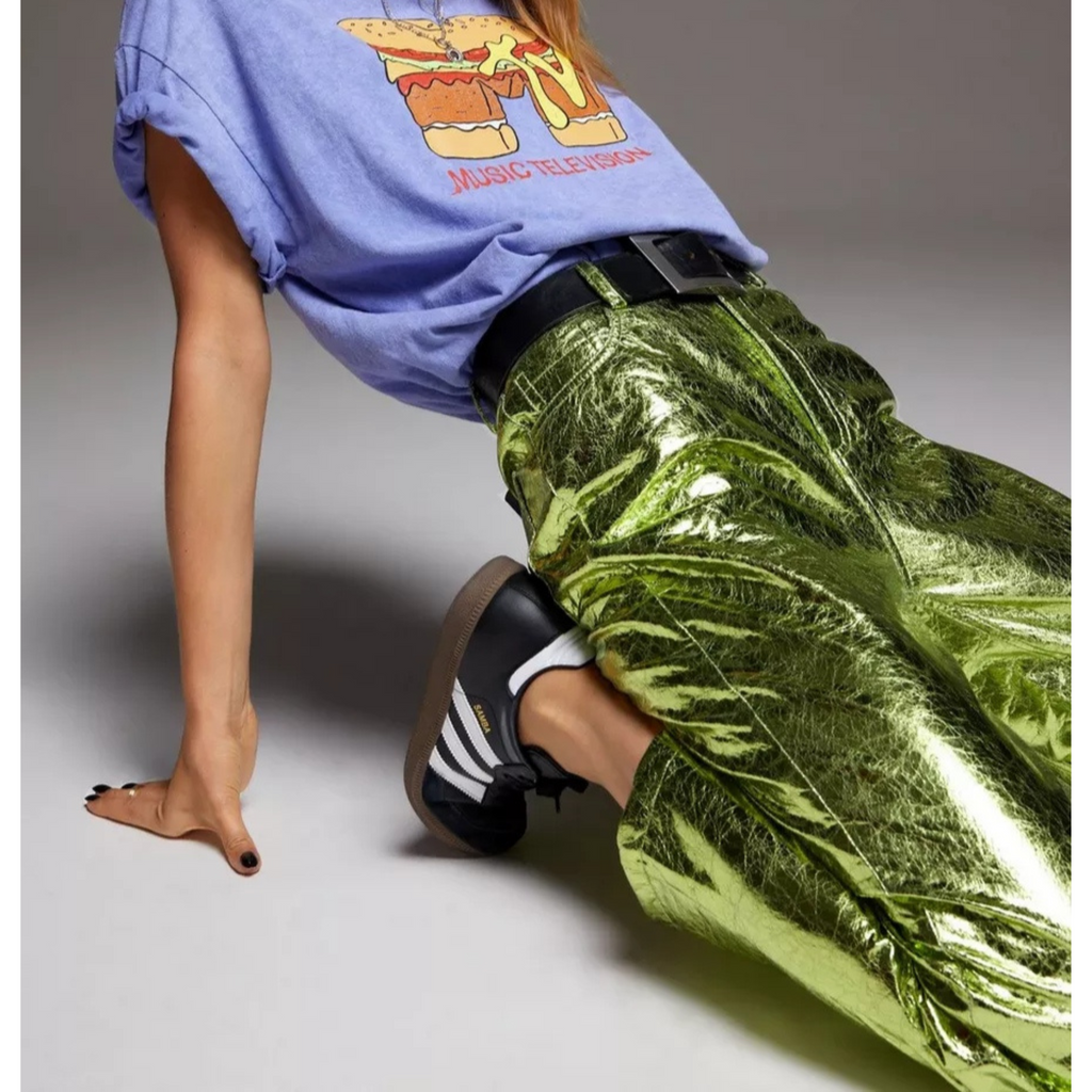 Women's Green Crackle Metallic Foil Straight Leg Genuine Leather Pants