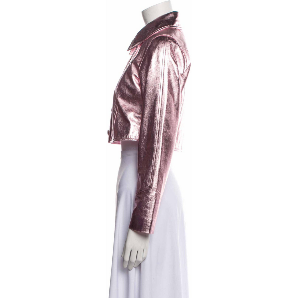 Women's Pink Metallic Foil Cropped Denim Style Leather Jacket