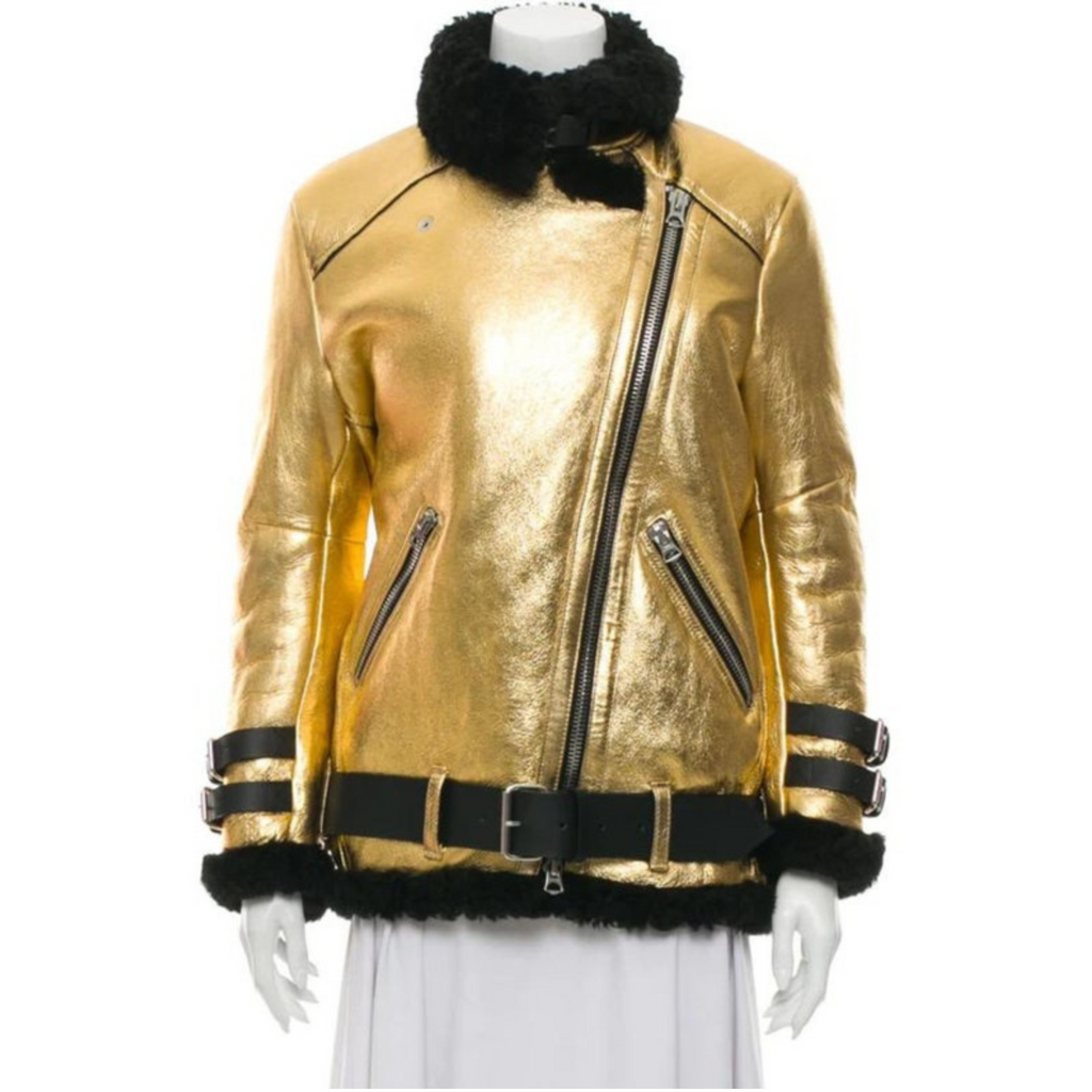 Women's Gold Metallic Foil Black Real Lambskin Furr Belted Shearling Coat