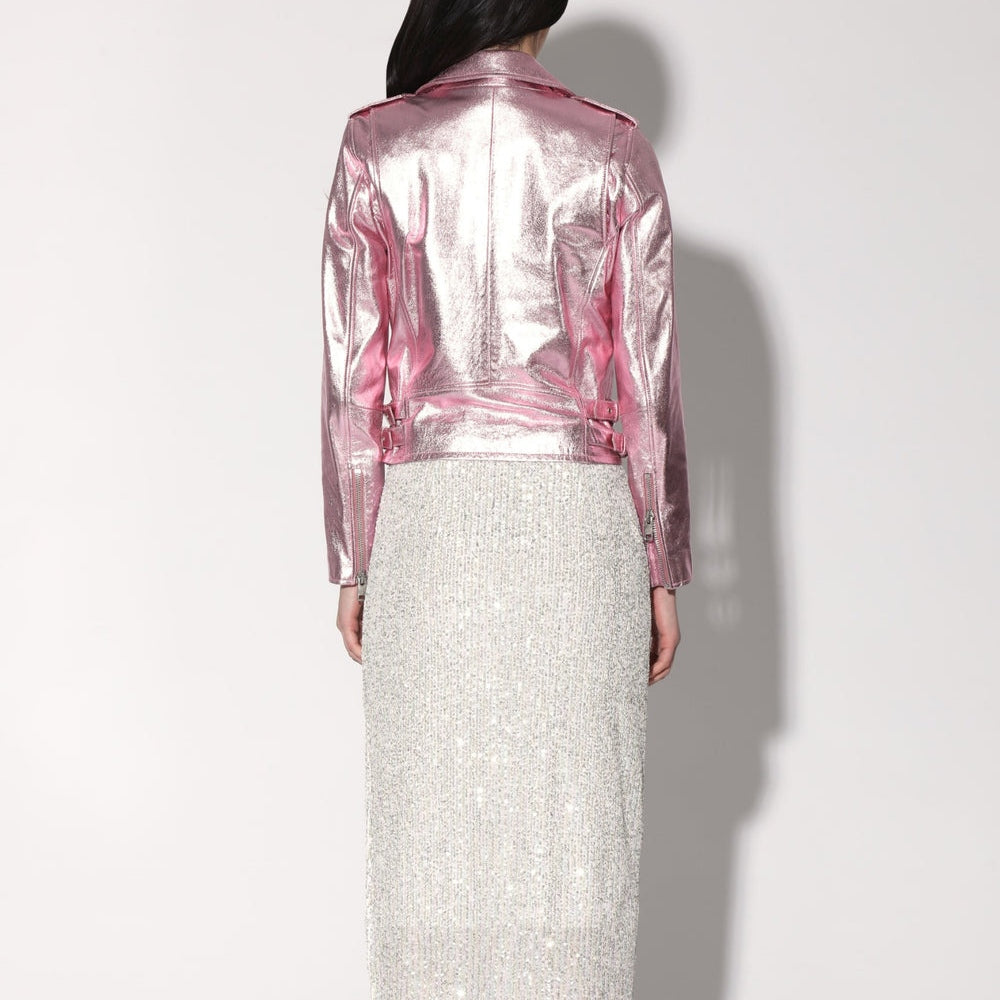 Women's Pink Metallic Foil Motorcycle Biker Belted Leather Jacket