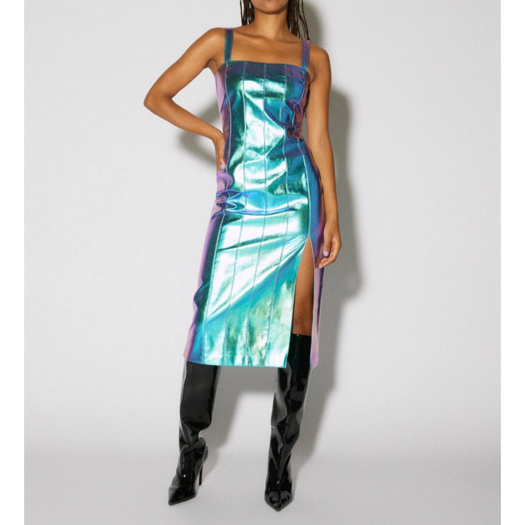 Women's Iridescent Blue Metallic Foil Panelled Leather Dress