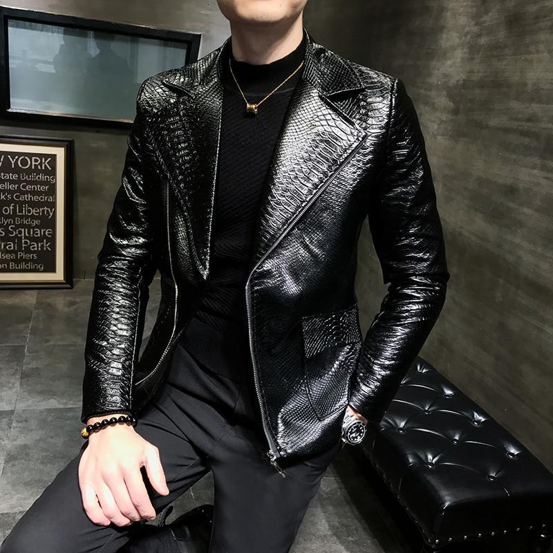 Men's Black Python Embossed Effect Motorcycle Biker Real Leather Jacket