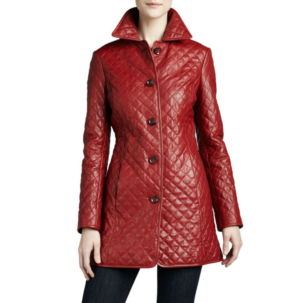 Women's Red Quilted Short Leather Trench Coat