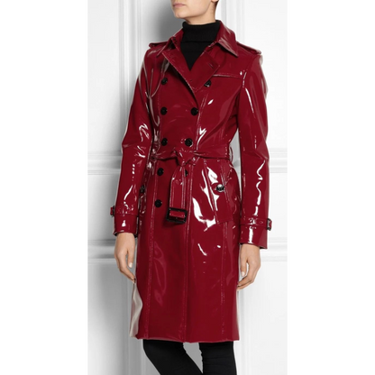 Womens Dark Red Patent Double Breasted Real Leather Trench Coat