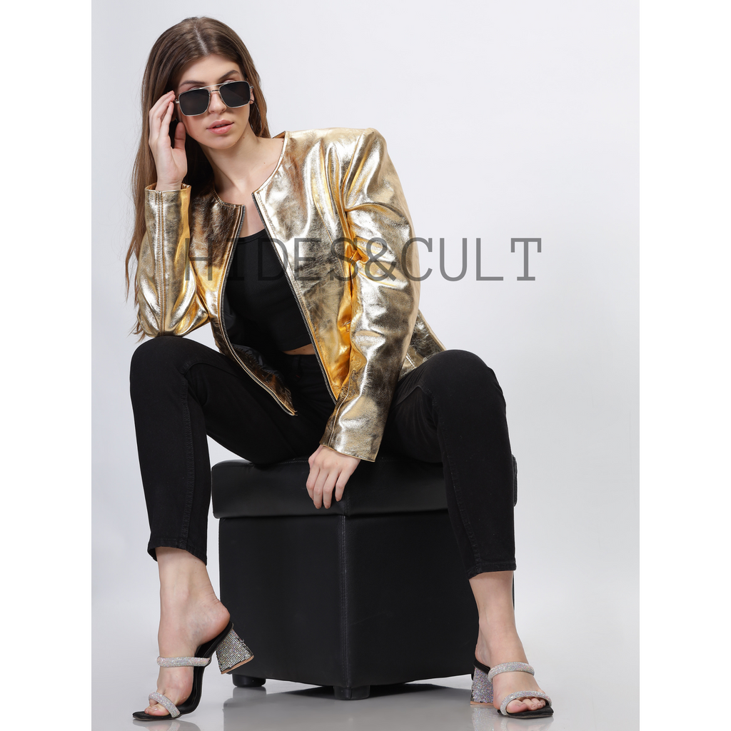 Women's Gold Metallic Foil Effect Round Neck Cropped Real Leather Jacket