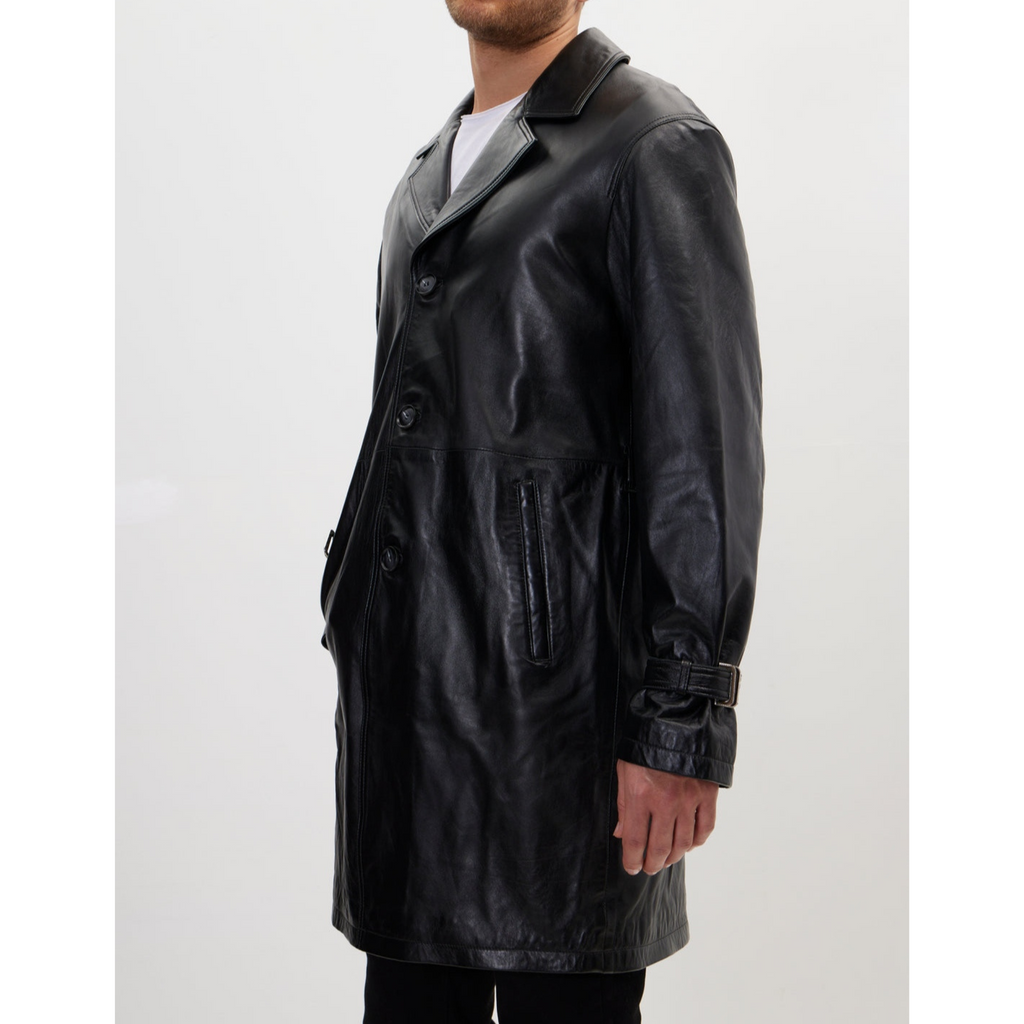 Men's Red Belted Genuine Leather Trench Coat