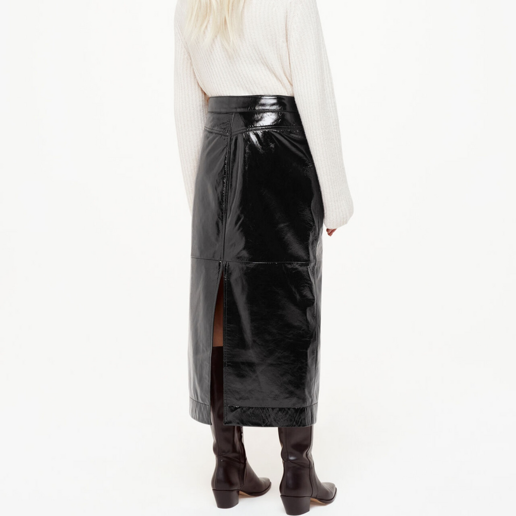 Womens Black Patent Vinyl Effect Panelled A Line Long Leather Skirt