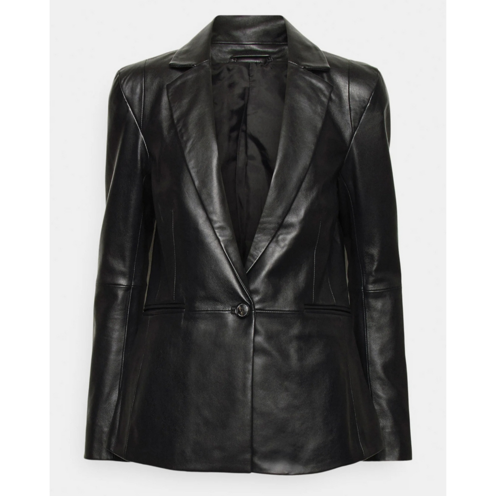 Women's Green Single Buttoned Genuine Leather Blazer