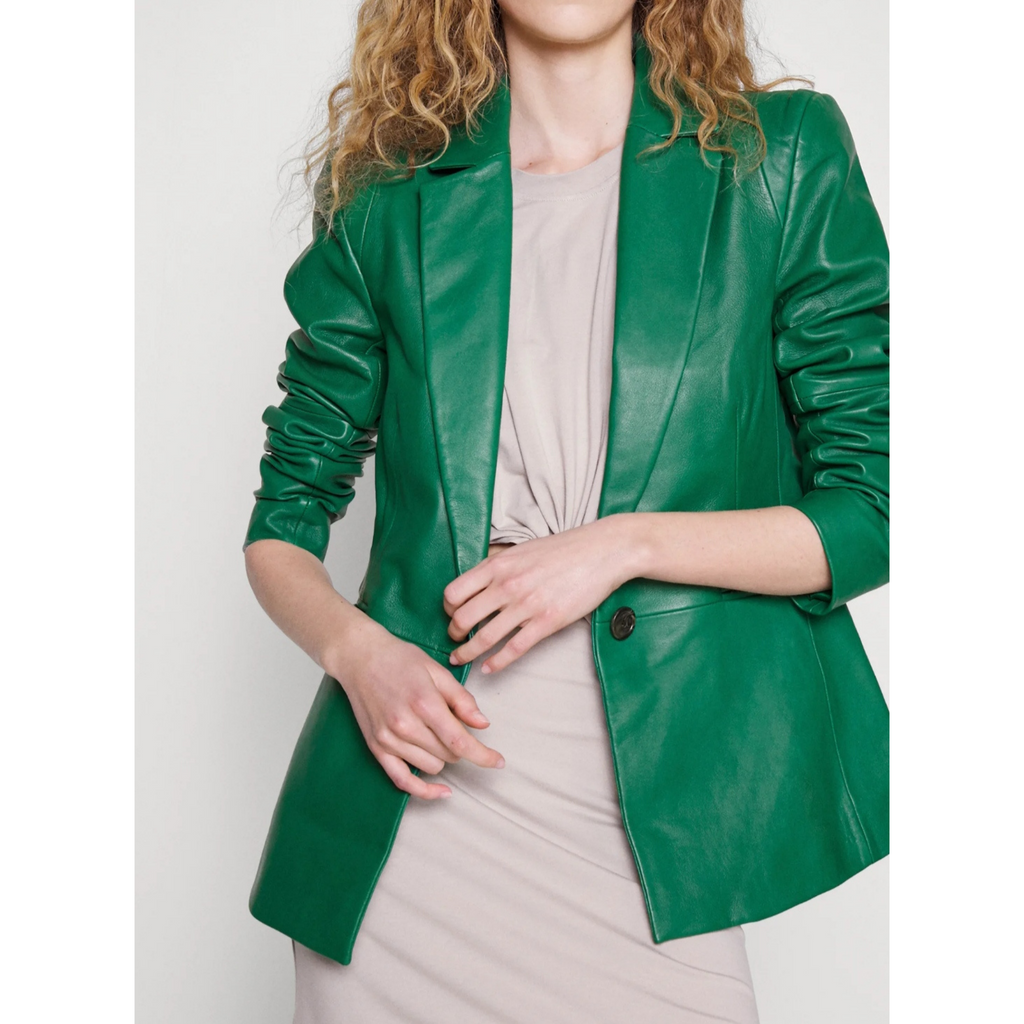 Women's Green Single Buttoned Genuine Leather Blazer