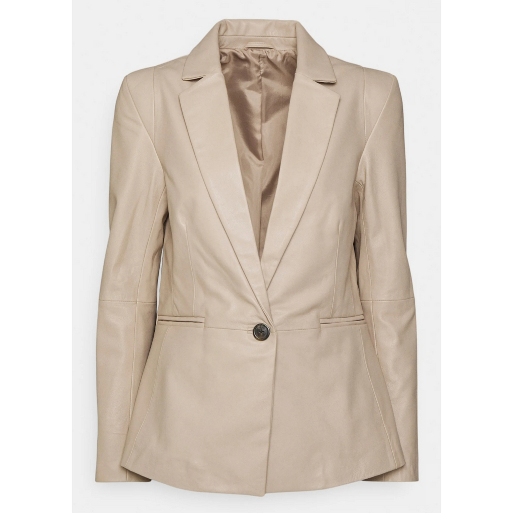 Women's Green Single Buttoned Genuine Leather Blazer