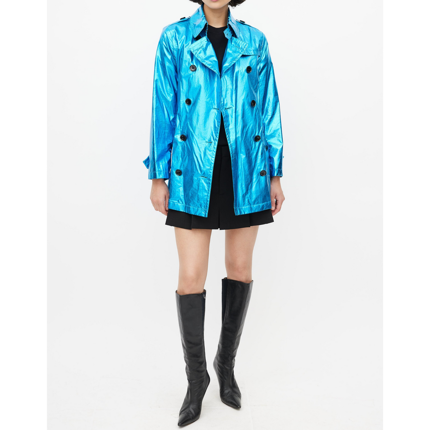 Women's Light Blue Metallic Foil Effect Double Breasted Short Leather Trench Coat