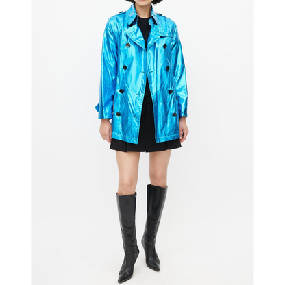 Women's Light Blue Metallic Foil Effect Double Breasted Short Leather Trench Coat