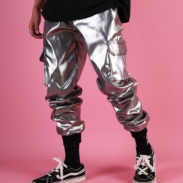 Men's Silver Metallic Foil Cargo Jogger Leather Pants