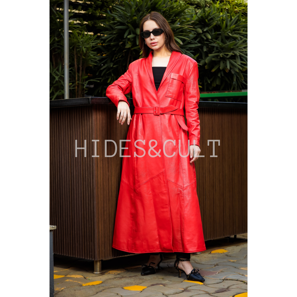 Women's Red Genuine Leather Long Maxi Dress
