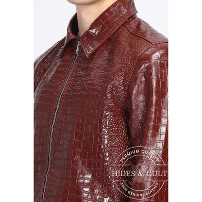 Mens Maroon Croc Detail Leather Jacket