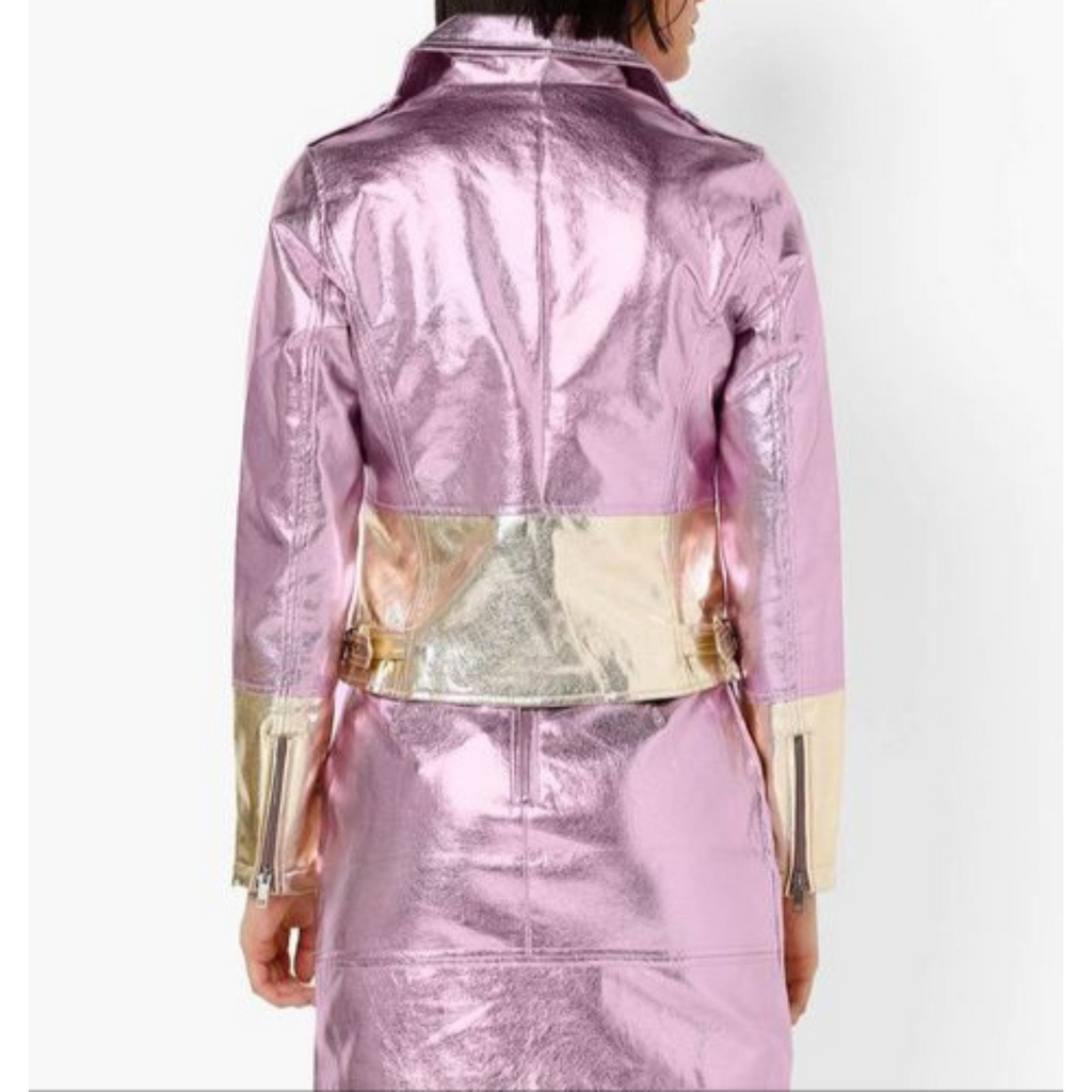 Women's Purple - Gold Two Tone Effect Metallic Foil Motorcycle Biker Leather Jacket