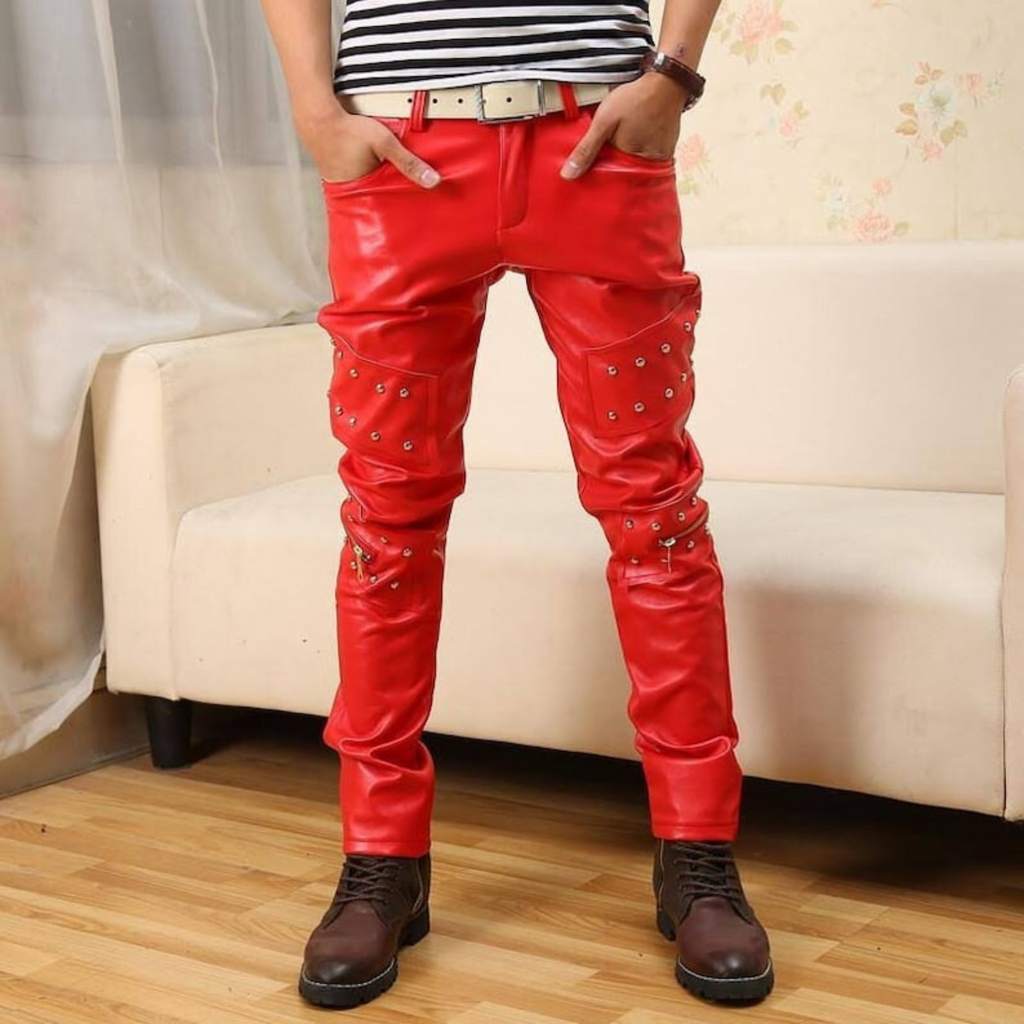 Men's Red Slim Fit Studded Detail Genuine Leather Pants | Hides&Cult