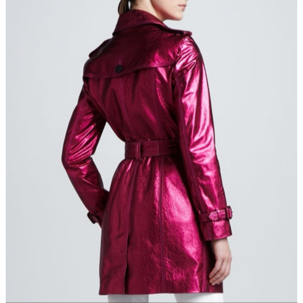 Womens Fuchsia Pink Metallic Foil Effect Double Breasted Real Leather Trench Coat