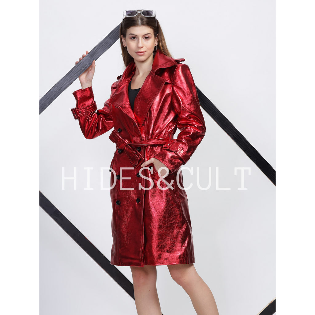 Womens Cherry Red Metallic Foil Effect Double Breasted Belted Leather Trench Coat