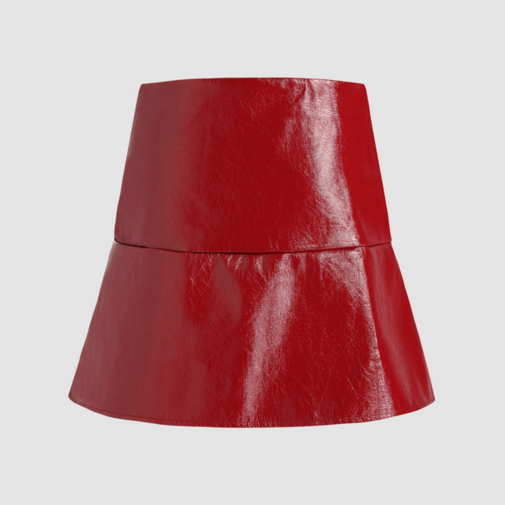 Women's Maroon Red Patent Vinyl Effect Buckled Pleated Hem Mini Leather Skirt
