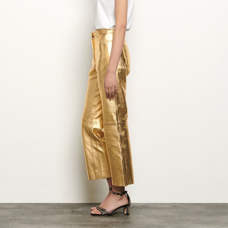 Women's Gold Metallic Foil Effect Straight Leg Genuine Leather Pants