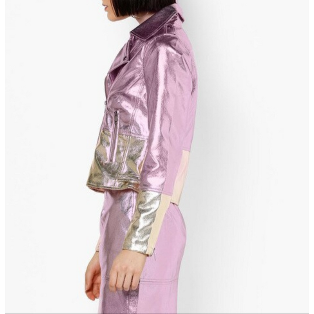Women's Purple - Gold Two Tone Effect Metallic Foil Motorcycle Biker Leather Jacket