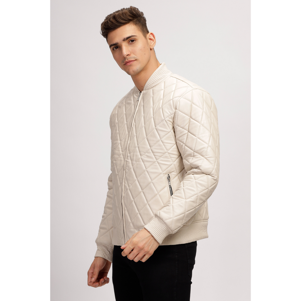 Mens Off White Diamond Quilted Bomber Leather Jacket