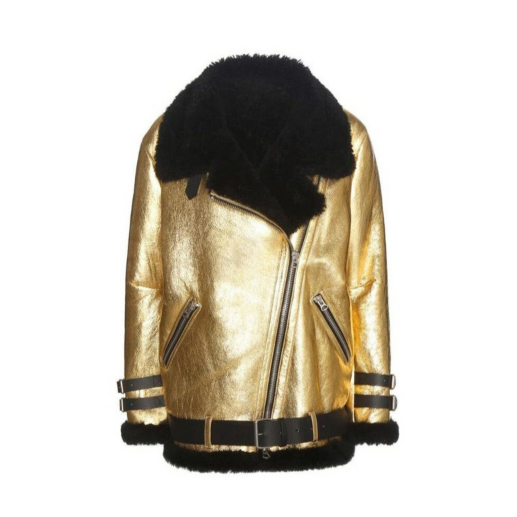 Women's Gold Metallic Foil Black Real Lambskin Furr Belted Shearling Coat