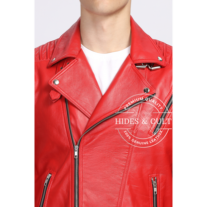 Mens Rich Red Slim Fit Motorcycle Biker Leather Jacket